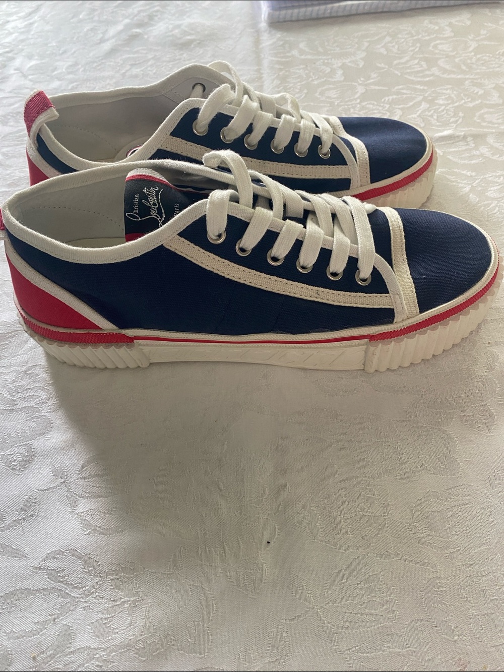 Christian Louboutin Men's Navy Canvas Sneakers with White Trim and Red Accent - Picture 4 of 11